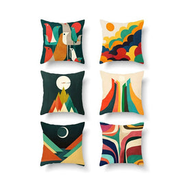 Six cushion covers with colourful abstract landscapes and geometric designs.