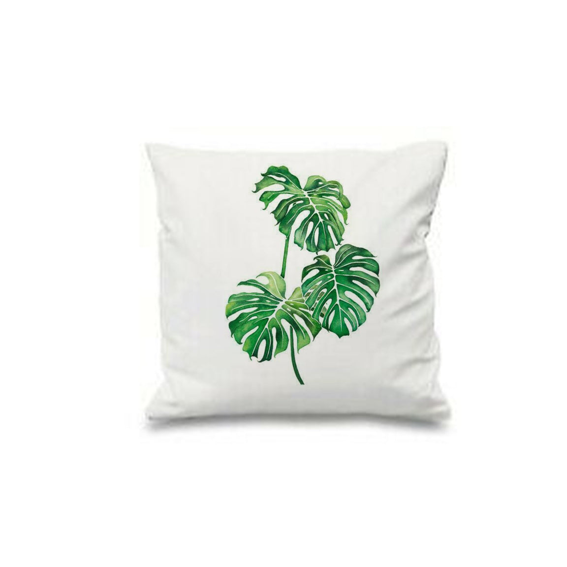 White cushion cover with green monstera leaves and delicate geometric outlines.