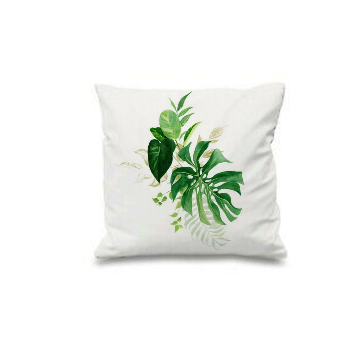 White cushion cover with a central cluster of green leaves and fine decorative lines.