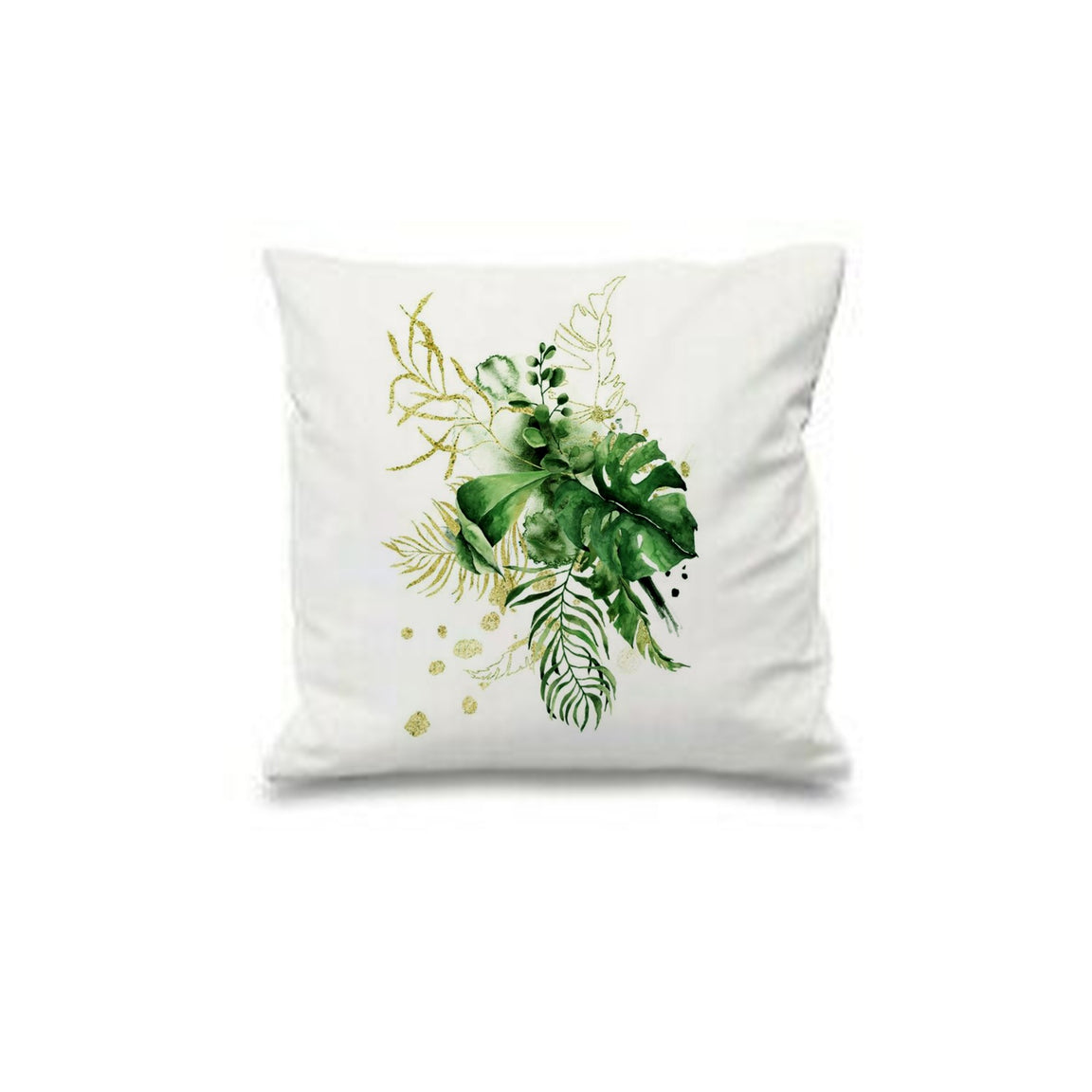 White cushion cover with green leaves, delicate sprigs and gold coloured speckles.