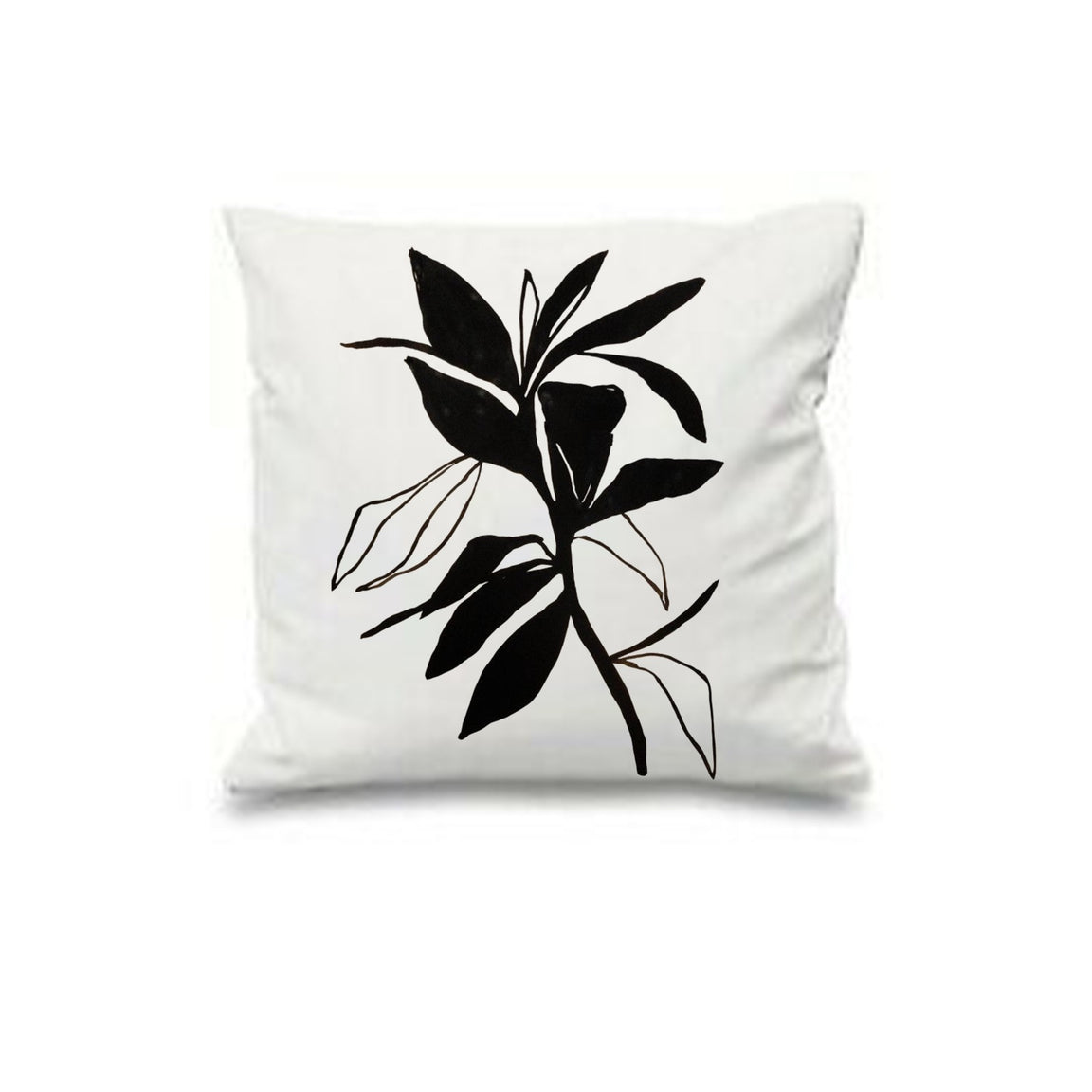 White cushion cover with bold black leaves and delicate leaf outlines.