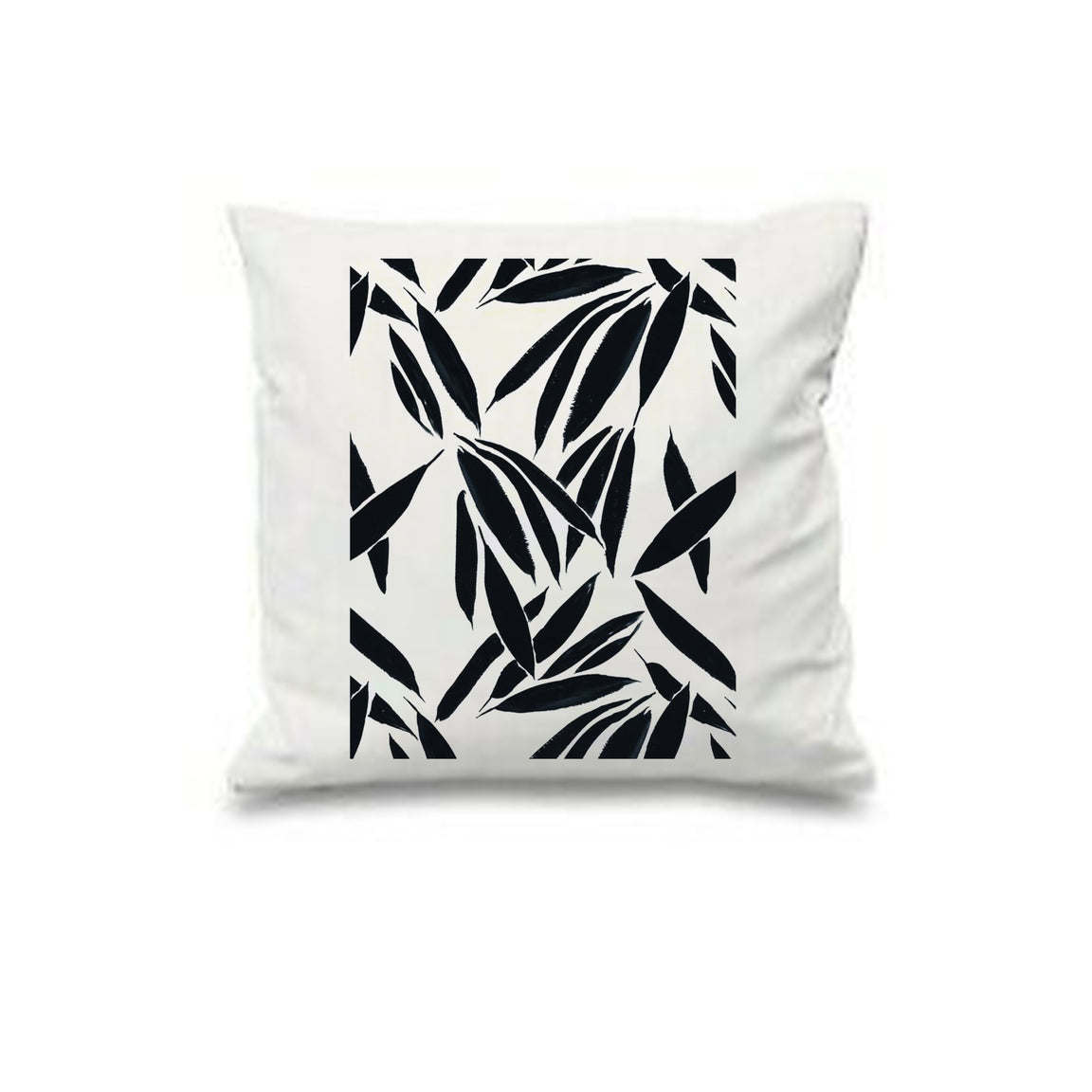 White cushion cover with a repeating black bamboo-like leaf pattern.