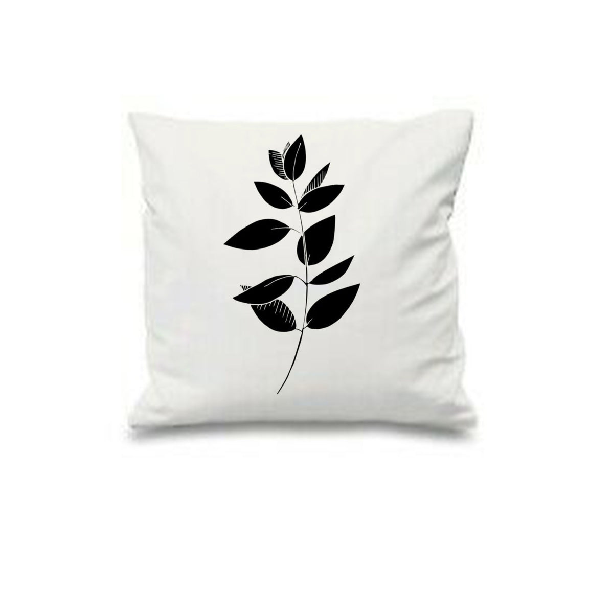 White cushion cover with a simple black leafy branch.