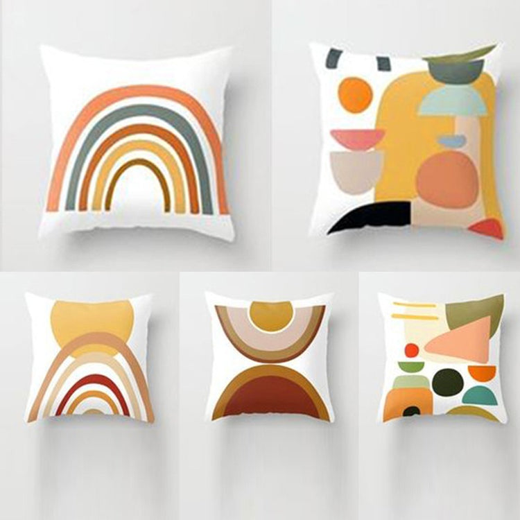 Five cream cushion covers with muted rainbow and abstract geometric prints.
