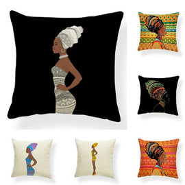 Six cushion covers with illustrated women in colourful clothing and headwraps.