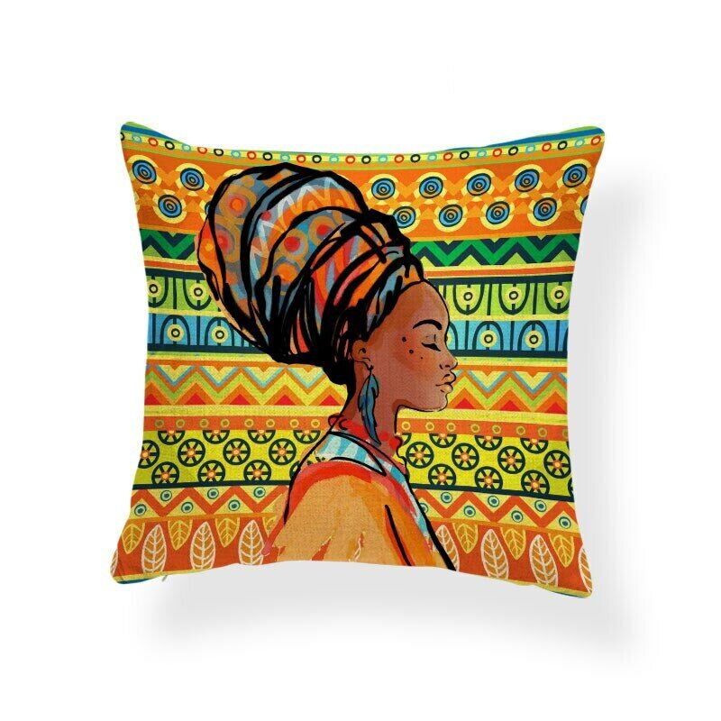 Colourful geometric cushion cover with a woman wearing an orange and green headwrap.