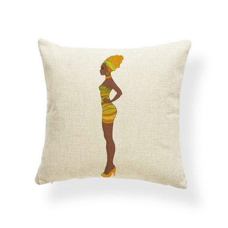 Cream cushion cover with a woman wearing a yellow headwrap and dress.