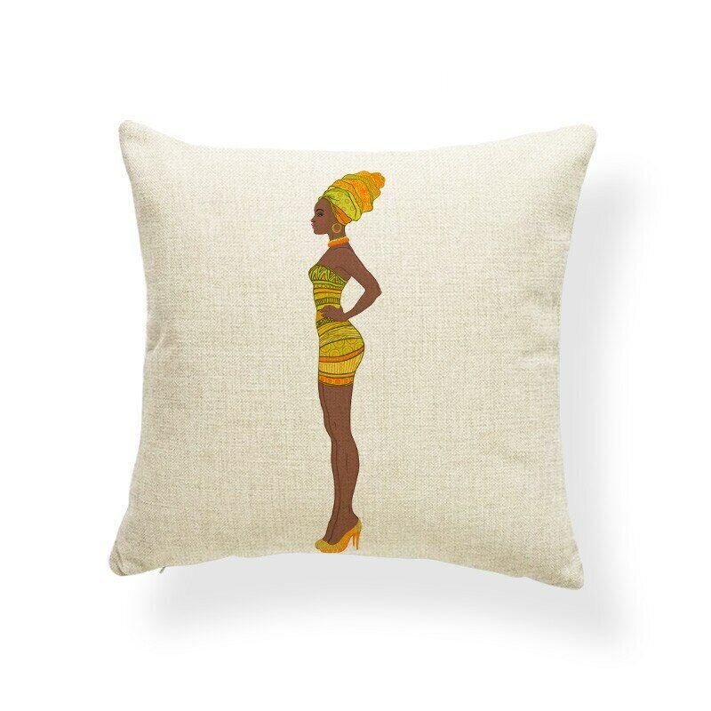 Cream cushion cover with a woman wearing a yellow headwrap and dress.