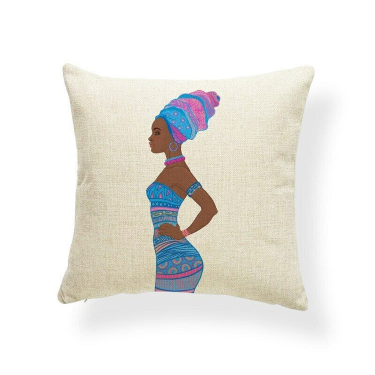 Cream cushion cover with a woman in blue and pink patterned clothing.