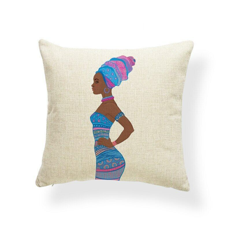 Cream cushion cover with a woman in blue and pink patterned clothing.