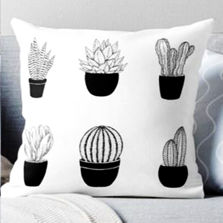 White cushion cover with rows of black potted cactus and succulent drawings.