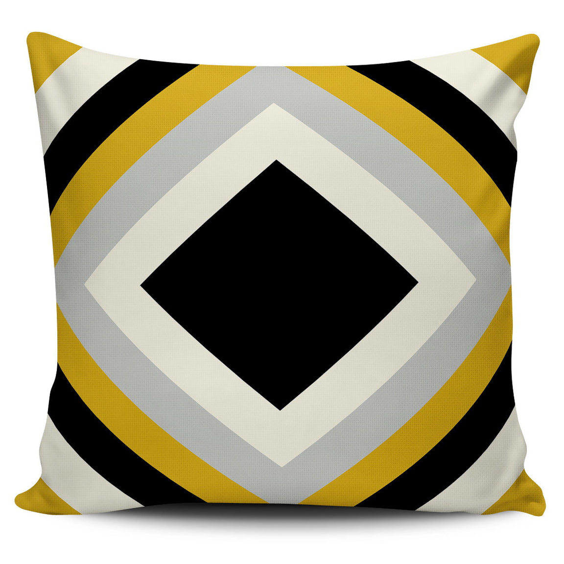 Cushion cover with nested black, cream, grey and mustard diamonds.