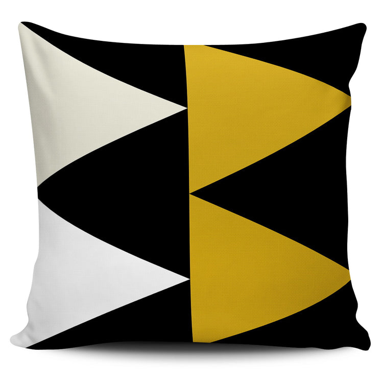 Black cushion cover with large alternating cream and mustard triangles.