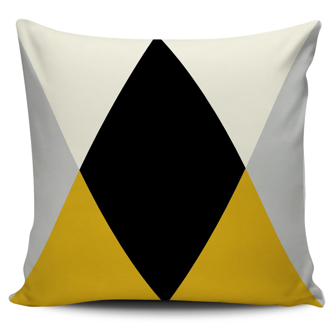 Cushion cover with a central black diamond and cream, grey and mustard triangles.
