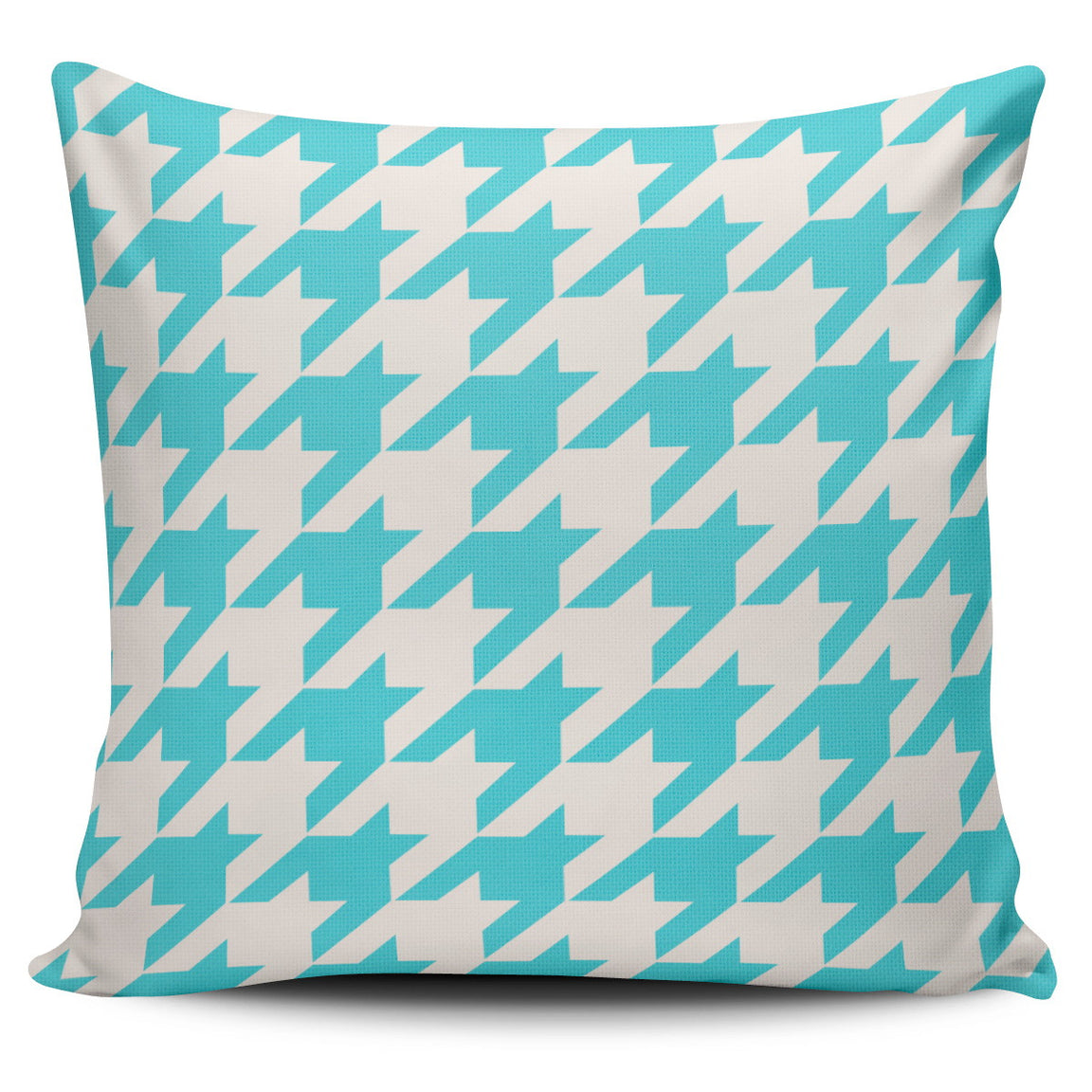 Cushion cover with a turquoise and cream houndstooth pattern.