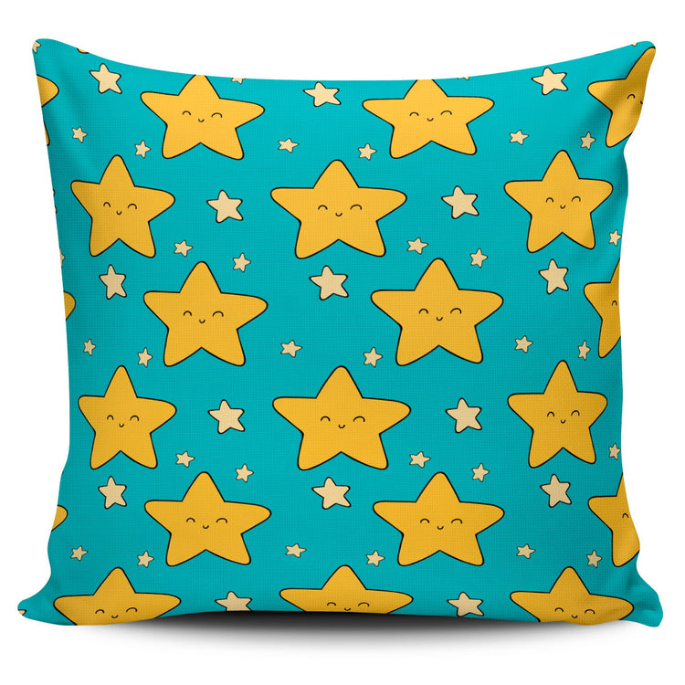 Turquoise cushion cover with smiling yellow stars.