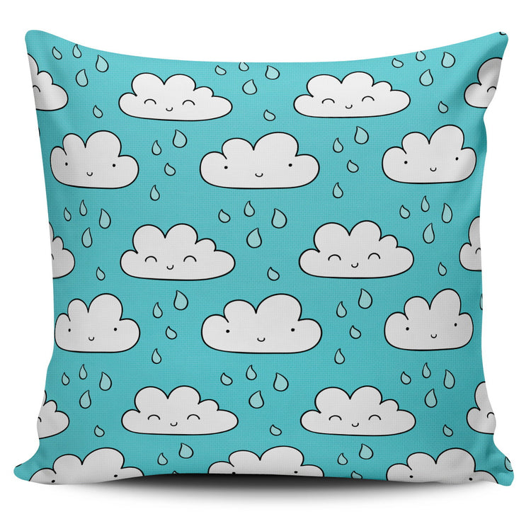 Light blue cushion cover with smiling white clouds and raindrops.