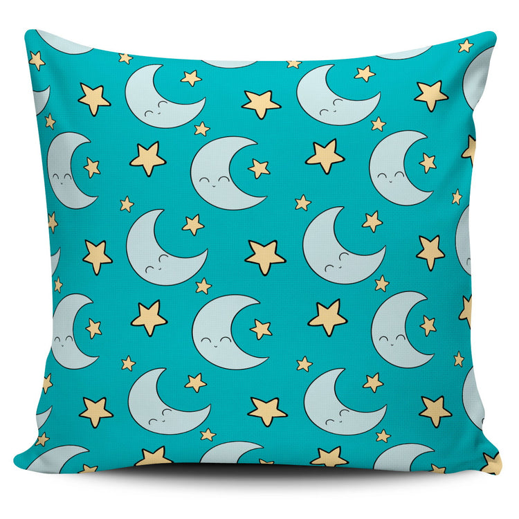 Turquoise cushion cover with cream crescent moons and small yellow stars.