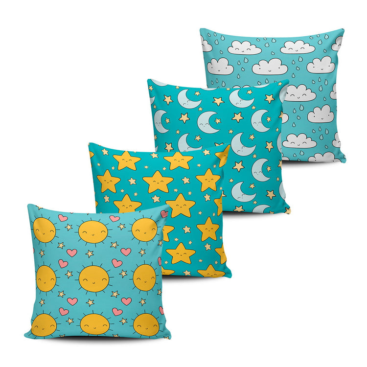 Four turquoise cushion covers with cheerful sky-themed patterns.