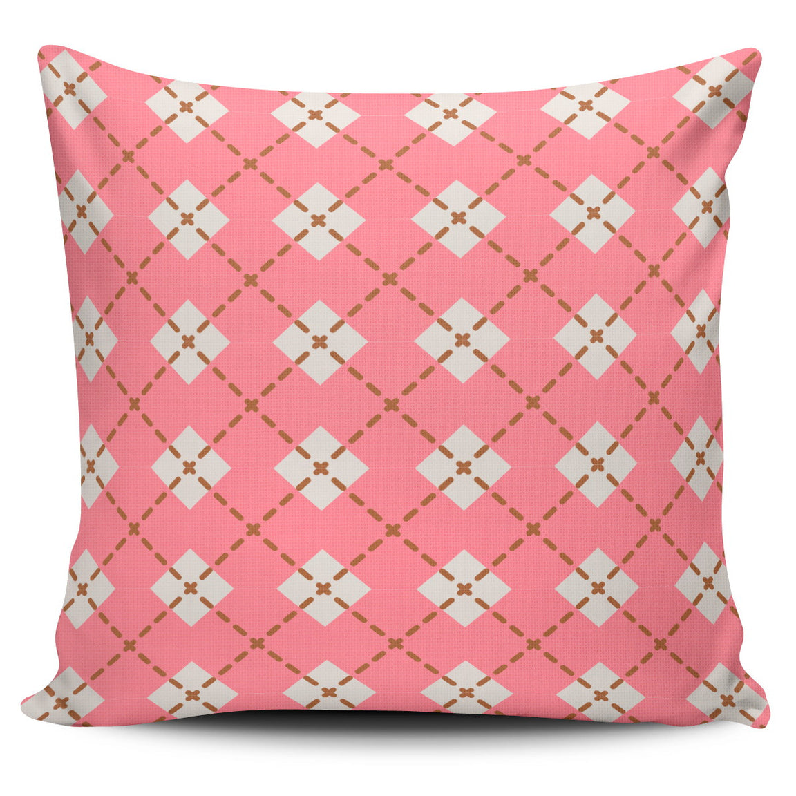 Pink cushion cover with cream diamonds and fine diagonal lines.