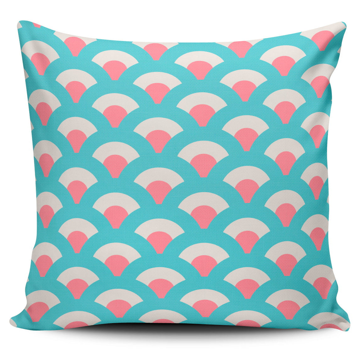 Turquoise cushion cover with repeating pink and cream fan shapes.