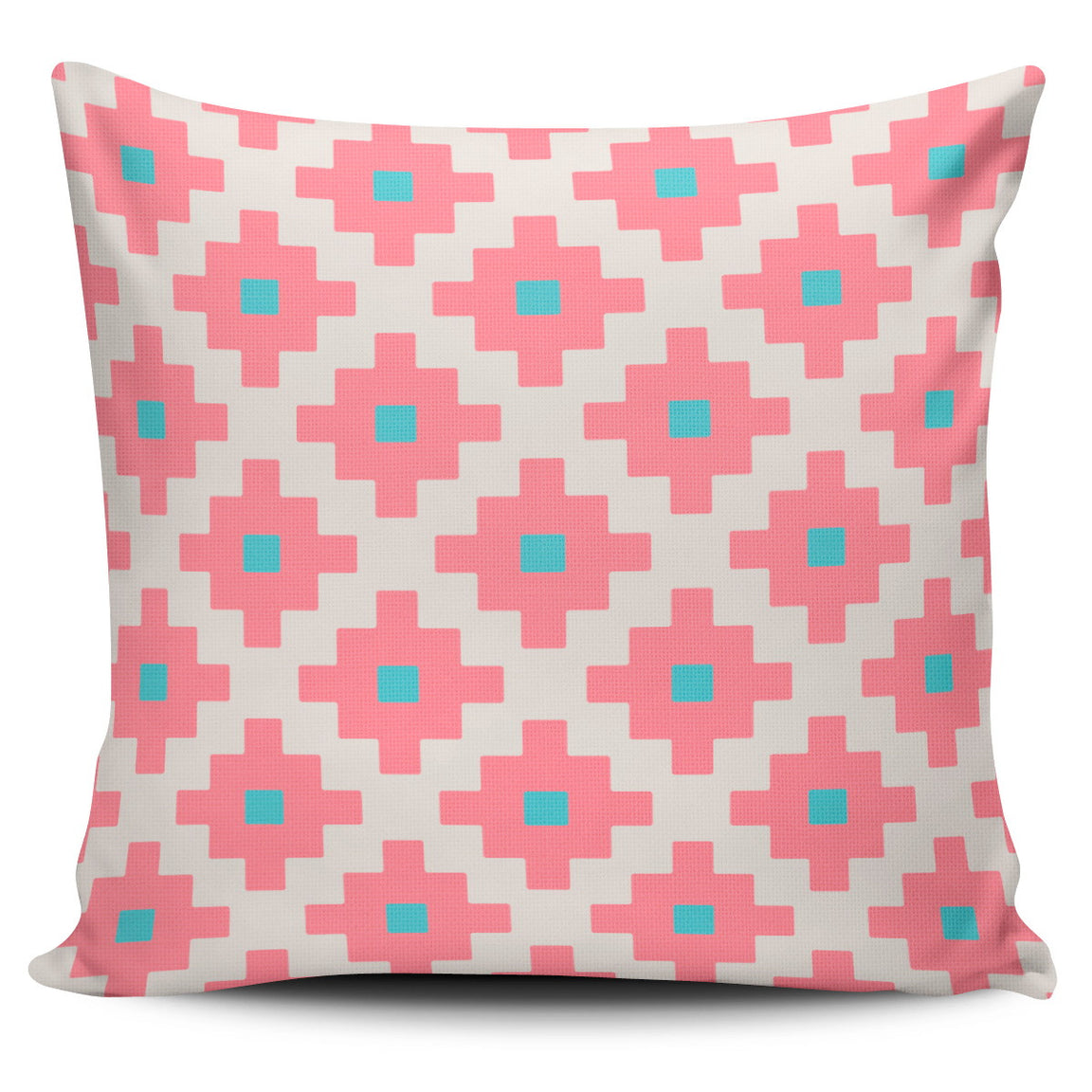Cushion cover with pink, turquoise and cream stepped diamond shapes.