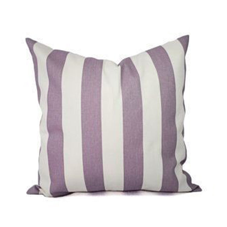 Cushion cover with wide mauve and cream vertical stripes.