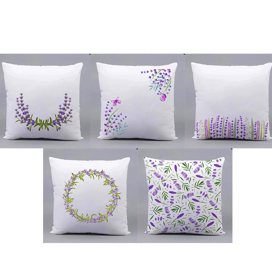 Five white cushion covers with delicate purple flowers and green leaves.