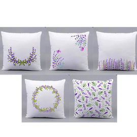 Five white cushion covers with delicate purple flowers and green leaves.