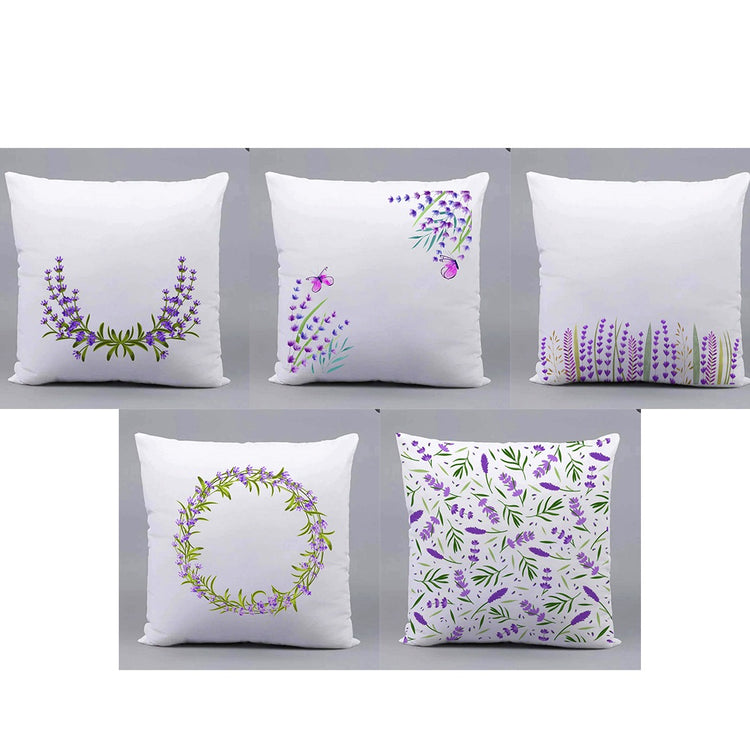 Five white cushion covers with delicate purple flowers and green leaves.