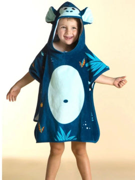 Child wearing a navy jungle-animal hooded towel poncho.