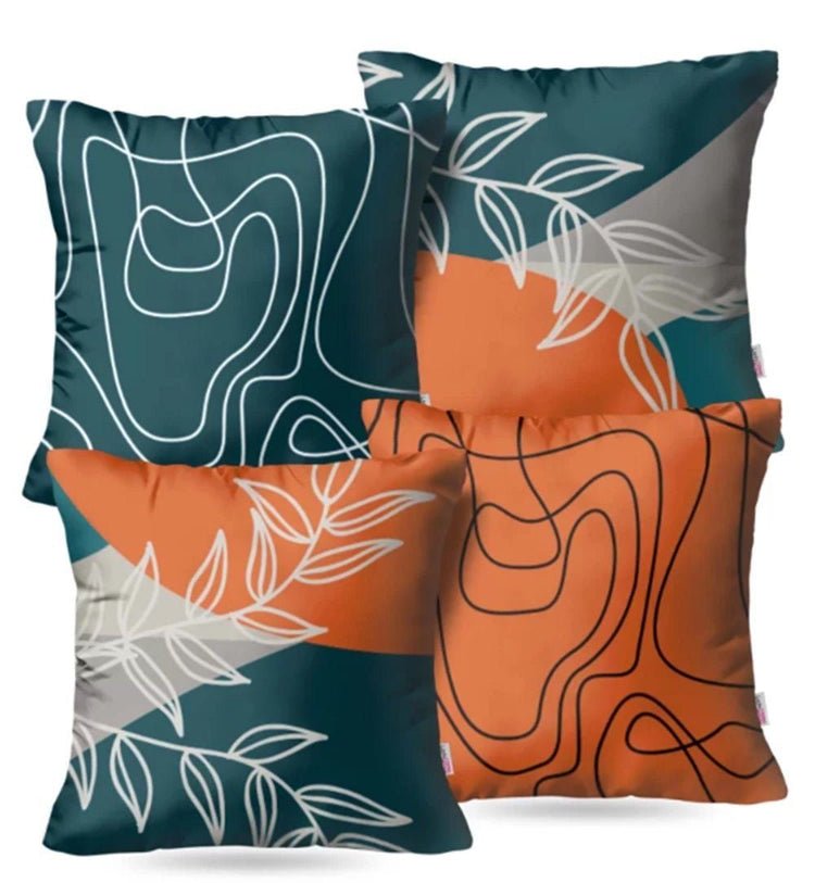 Four teal, orange and cream cushion covers with botanical outlines and flowing abstract lines.