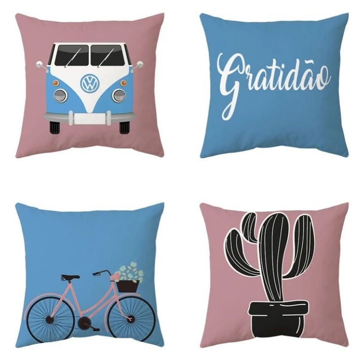 Four blue and pink cushion covers with a camper van, bicycle, cactus and gratitude lettering.