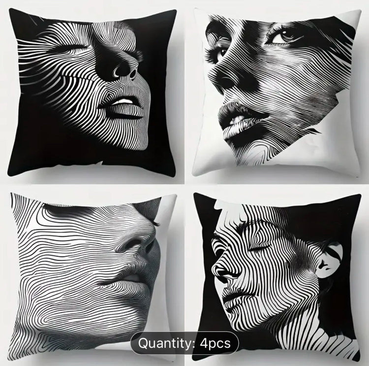 Four cushion covers with monochrome face portraits and curved line effects.