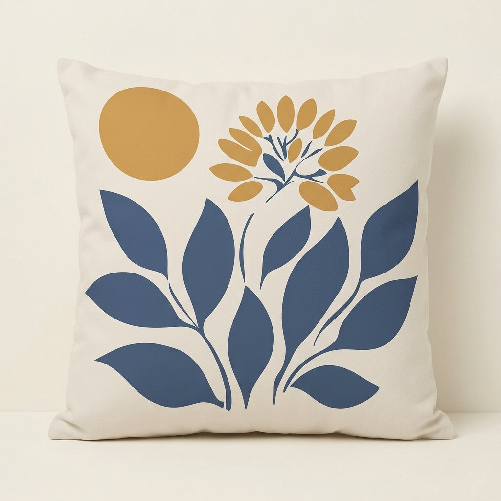 Cream cushion cover with blue leaves, a mustard flower and a mustard circle.