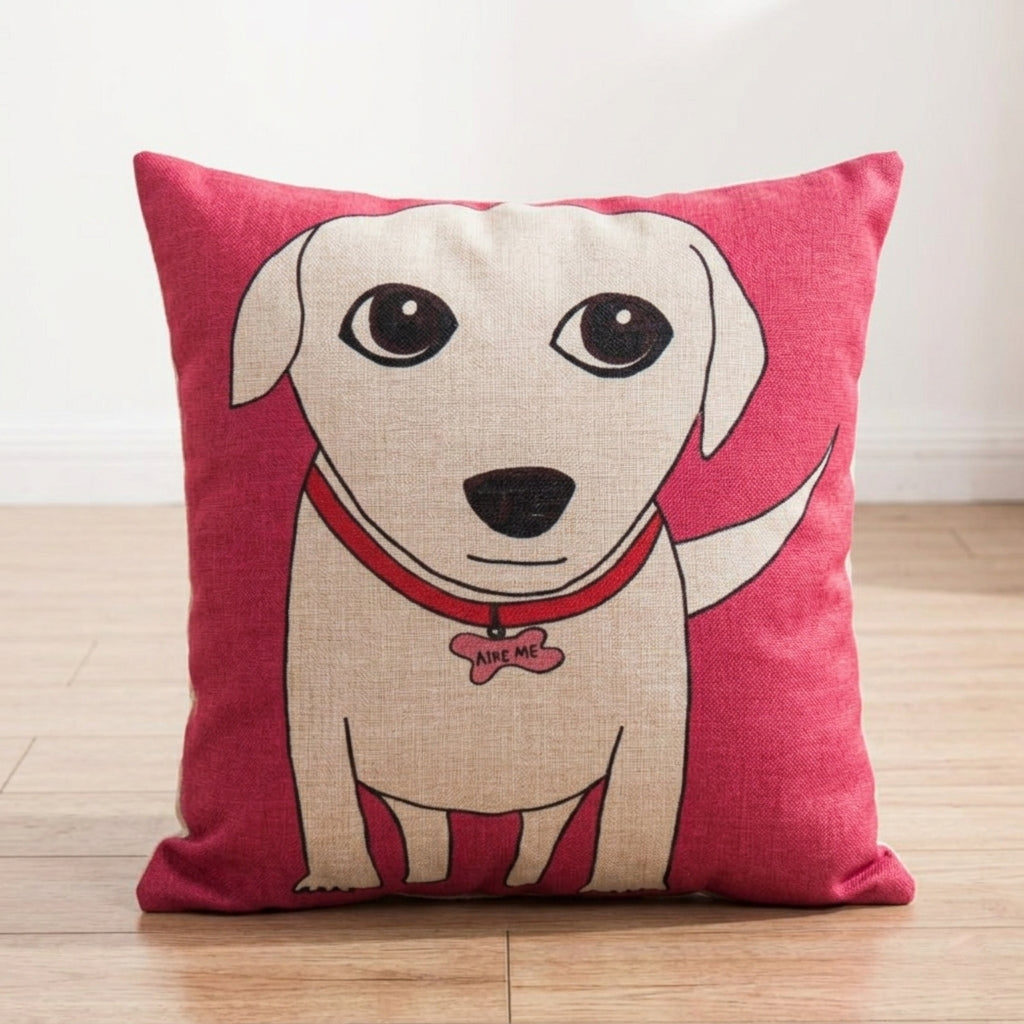 Pink cushion cover with a smiling white dog wearing a collar.
