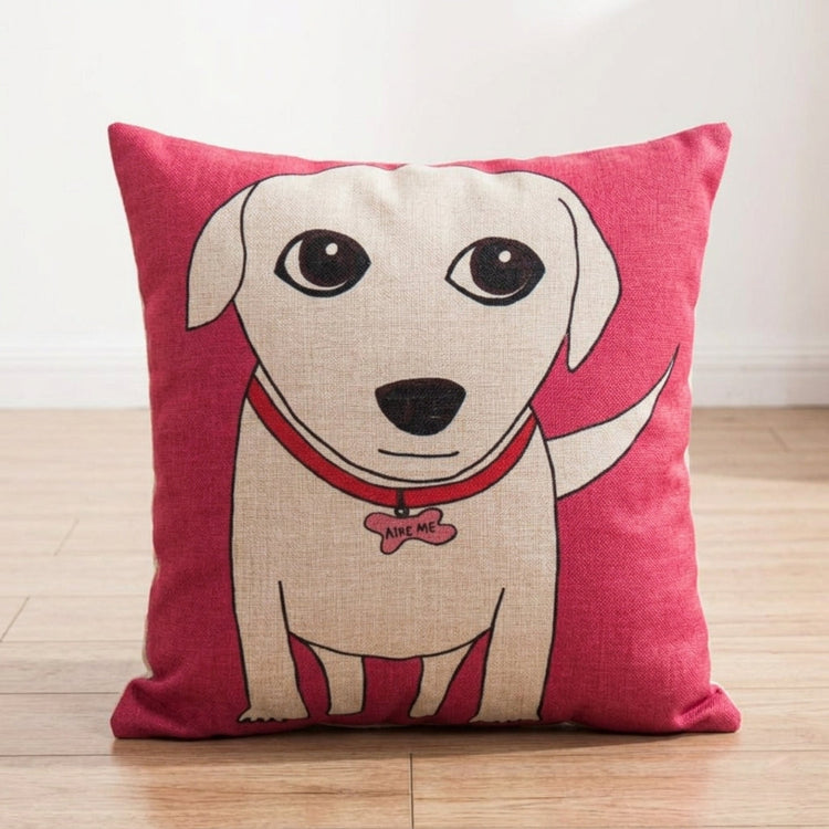 Pink cushion cover with a smiling white dog wearing a collar.