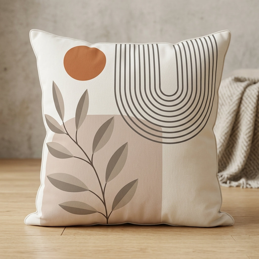 Beige cushion cover with a grey leafy stem, fine black arches and a small rust circle.