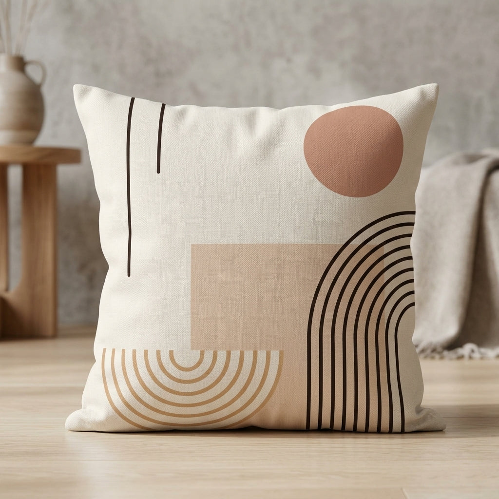 Cream cushion cover with terracotta and beige shapes and fine black curved lines.
