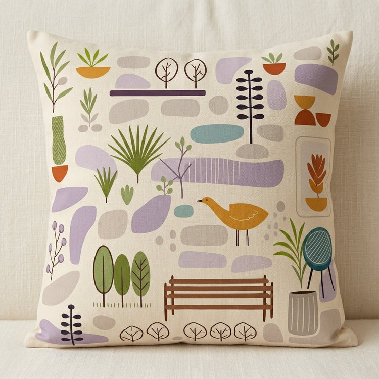 Cream cushion cover with small pastel garden plants, trees, a bird and a bench.