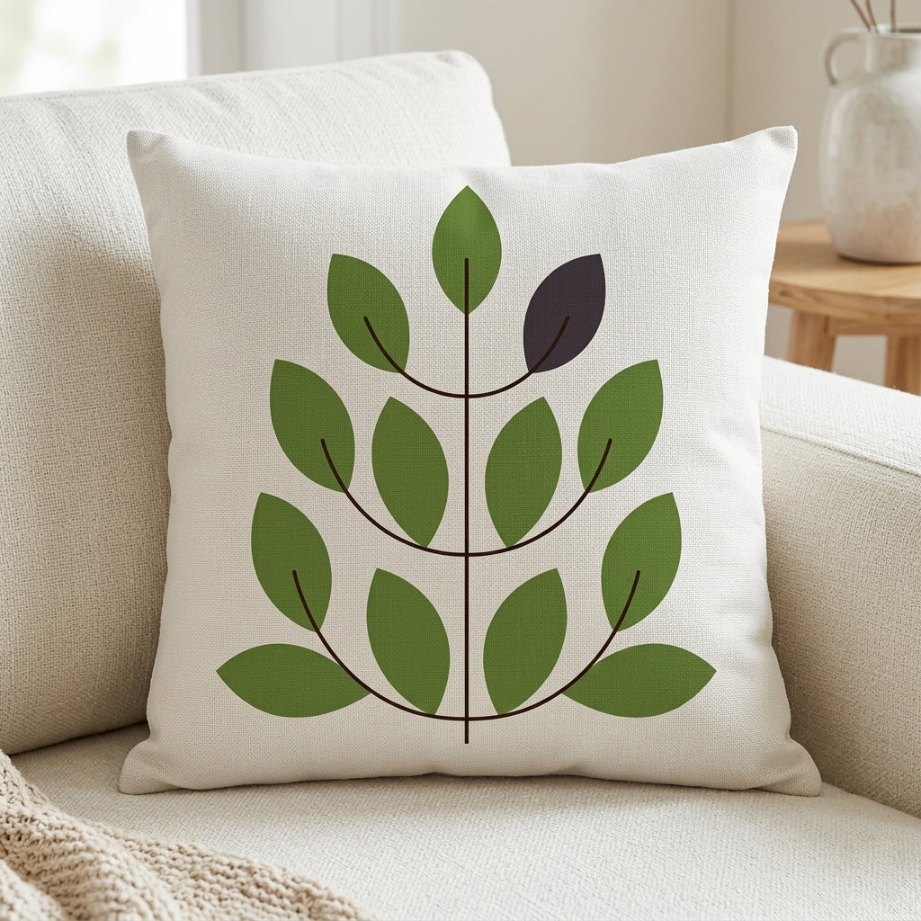 Cream cushion cover with a symmetrical green leafy stem and a dark accent leaf