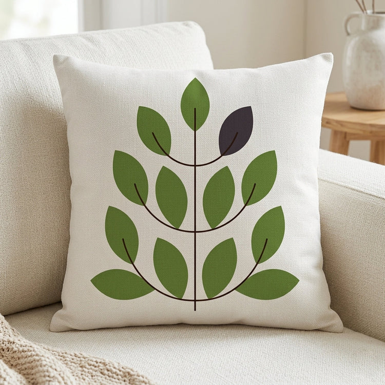 Cream cushion cover with a symmetrical green leafy stem and a dark accent leaf
