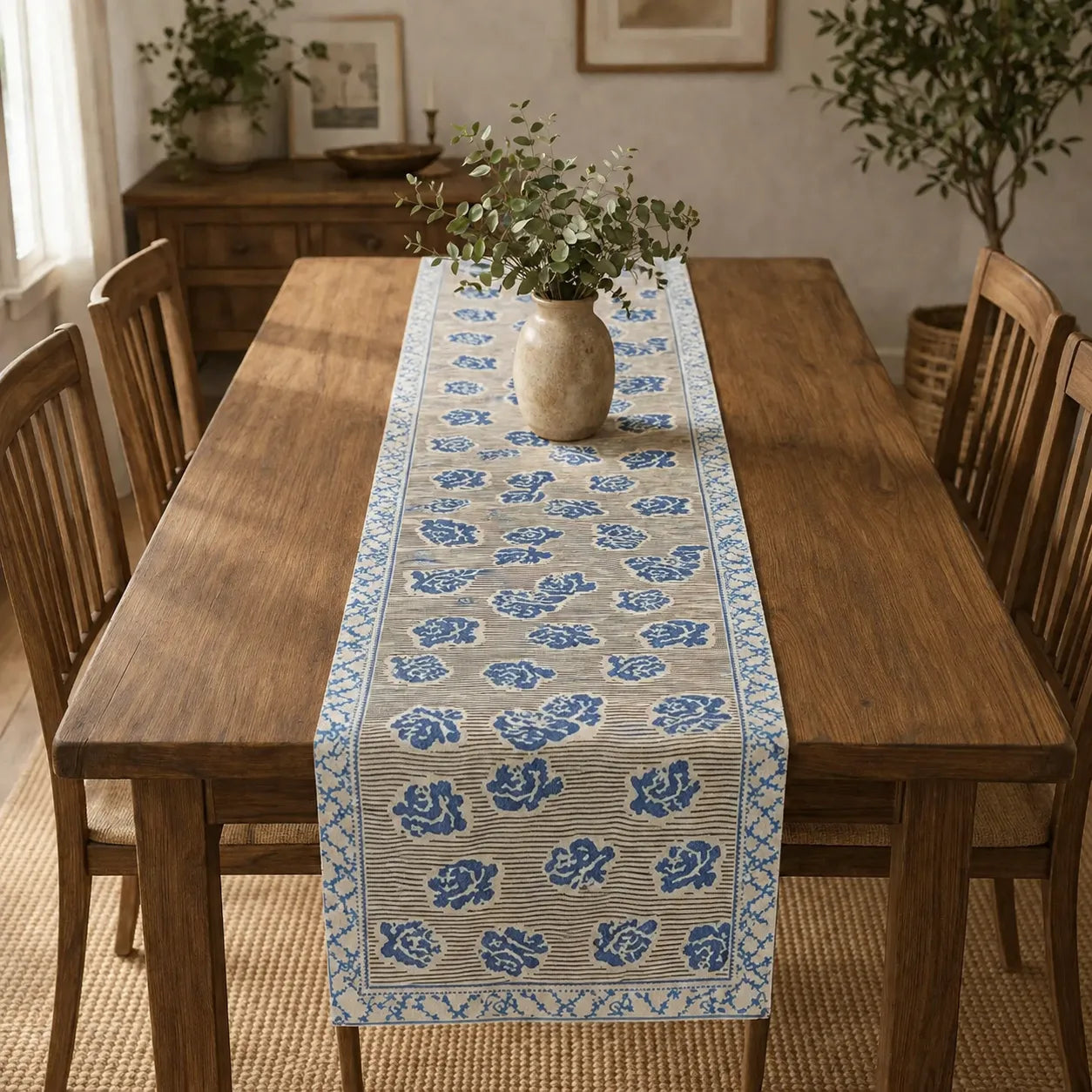 A long table runner with a blue floral block-print pattern on a beige striped background, styled on a wooden dining table with a small vase of greenery in the center.