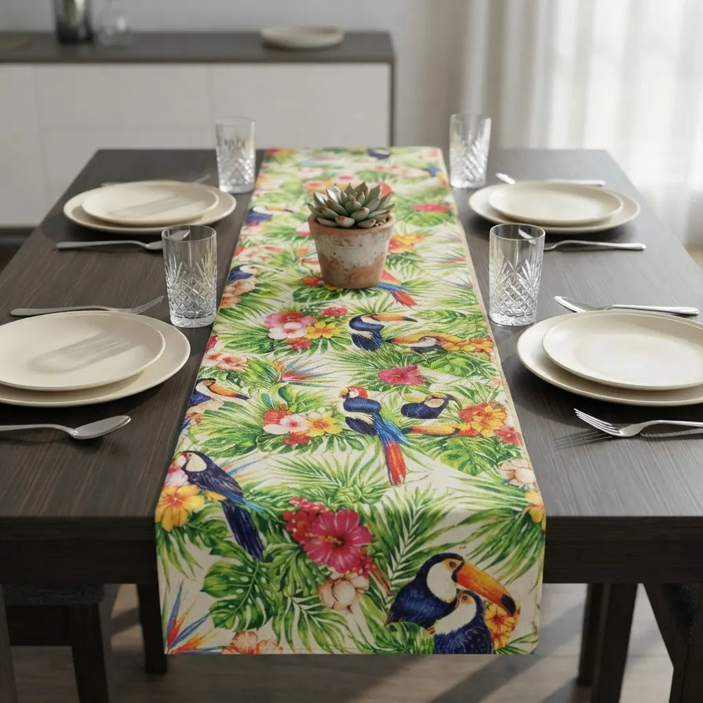 Jungle Fiesta Table Runner placed on a dining table 