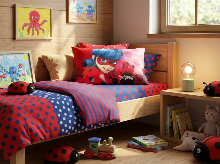 Ladybug character cushion cover displayed on a colourful children's bed.