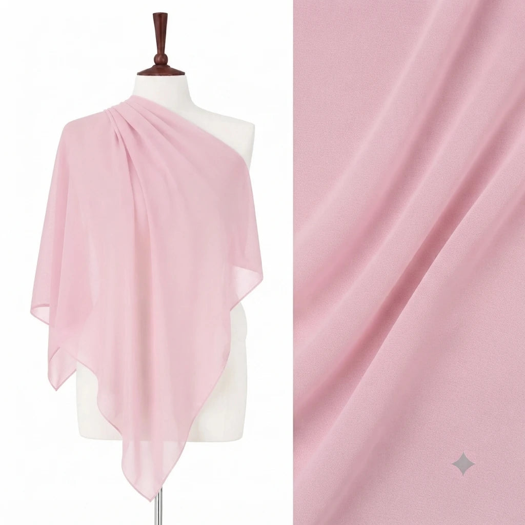 Pale pink chiffon stole on a mannequin with a fabric close-up.
