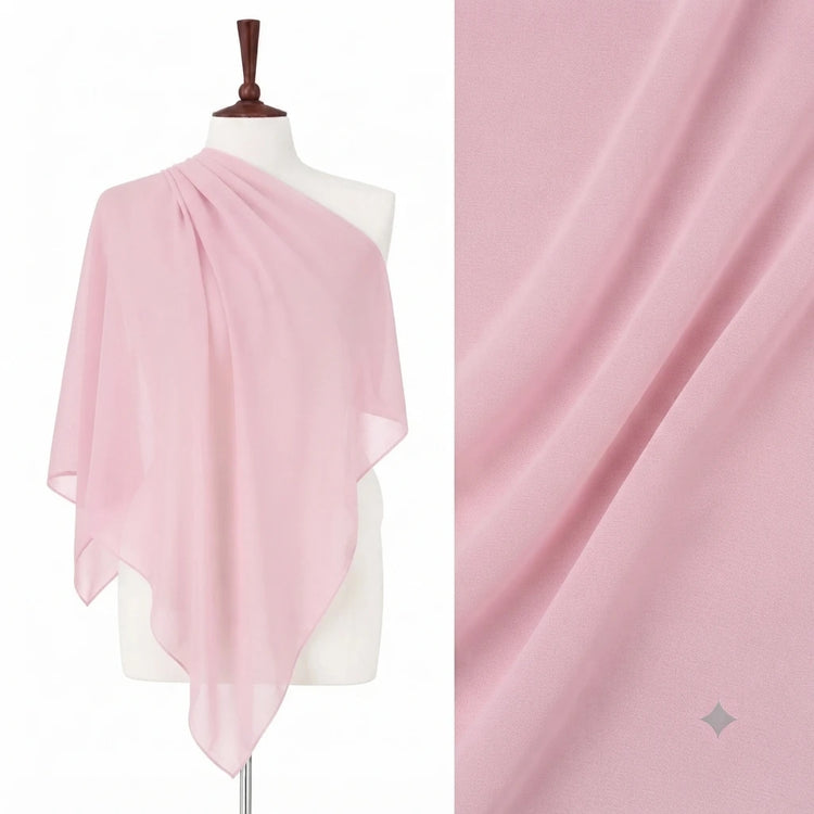 Pale pink chiffon stole on a mannequin with a fabric close-up.