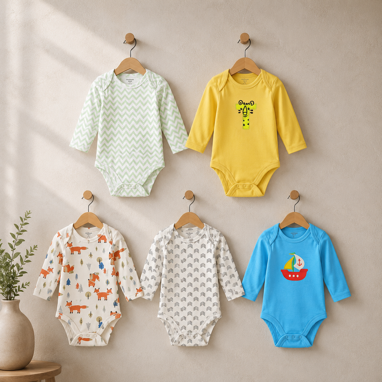 Five baby long-sleeve bodysuits in different colors and patterns hang on wooden hangers against a warm beige wall. The set includes a mint green chevron print, a yellow giraffe print, an off-white fox print, a white elephant print, and a bright blue sailboat print.