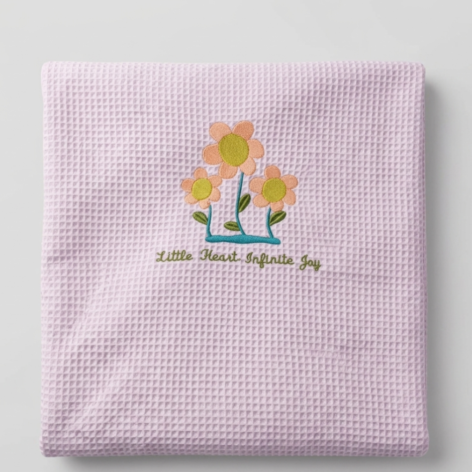 Pink textured blanket with floral design and text on a gray background