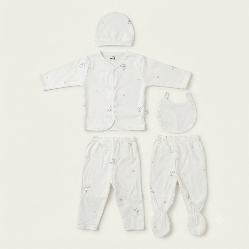A baby clothing set laid flat on a light cream background, including a long-sleeve button-front top, matching footed pants, a bib, and a small hat. The garments are white with tiny scattered pastel animal prints.